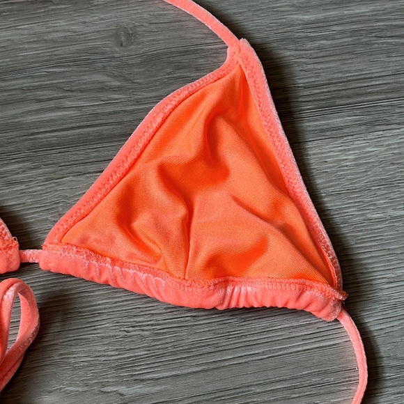 Orange coral velvet string top with high waist bottom set. - Picture 13 of 16